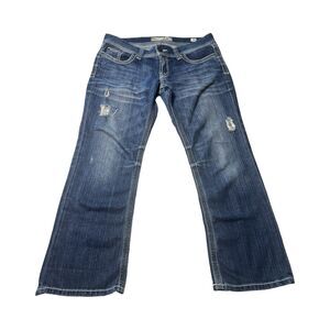 BKE Sabrina Bootcut Jeans Womens 31 Medium Wash Distressed Thick Stitch Low Rise